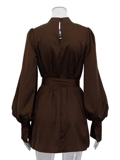 Brown Satin Mini Shirt Dress With High Neck And Lantern Sleeve For Women 2026