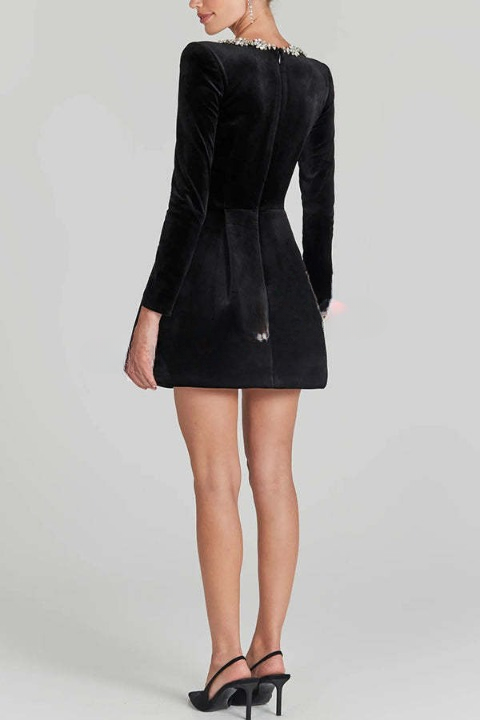 Rhinestone Floral Trim Square Neck Velvet Fit-and-Flare Mini Dress