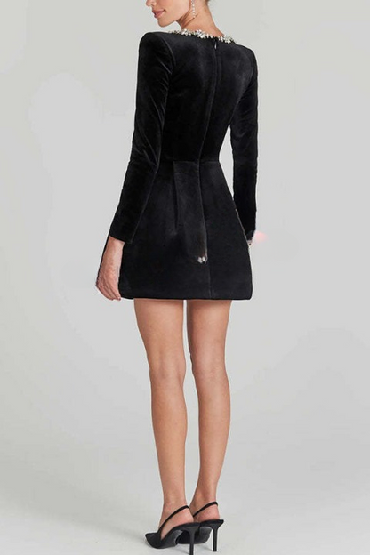 Rhinestone Floral Trim Square Neck Velvet Fit-and-Flare Mini Dress