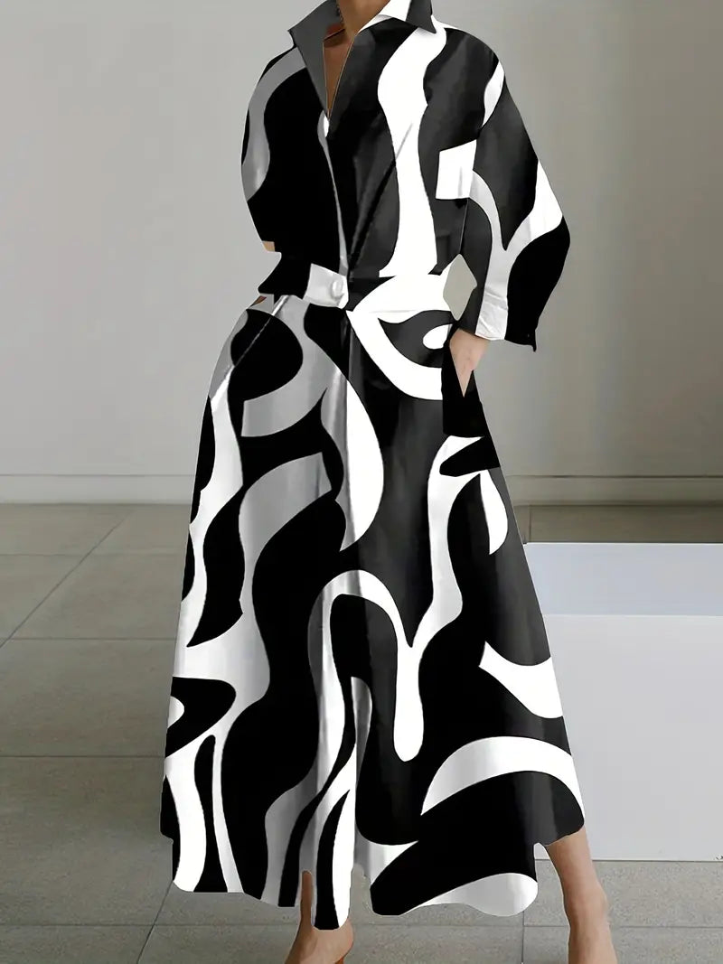 Collared Button Front Long Sleeve Abstract Wave Print Maxi Shirt Dress