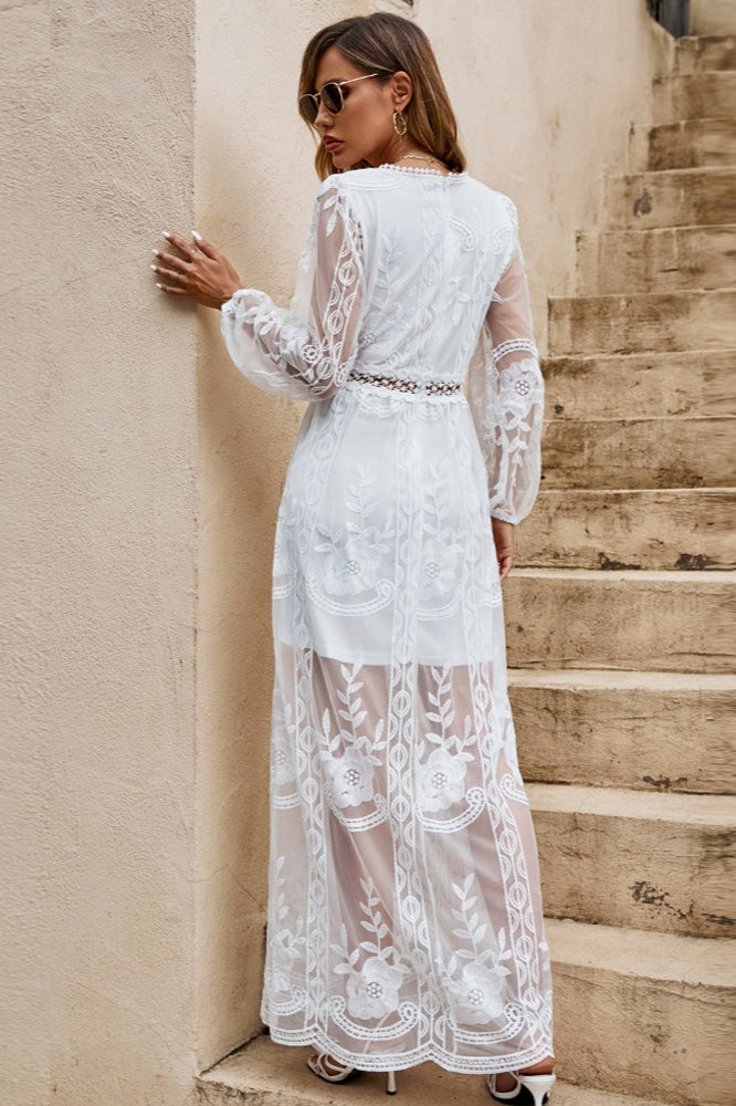 Floral Embroidered Mesh Bishop Sleeve V-Neck Empire Waist Boho Maxi Dress