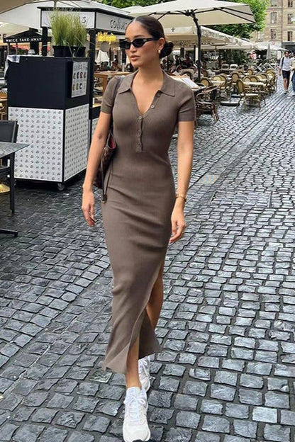 Elegant Sexy Lapel Short Sleeve Split Hem Sweater Dress