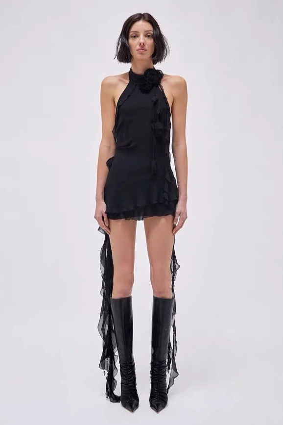 Halter Rosette Neck Ruffled Streamer Trim Mini Dress