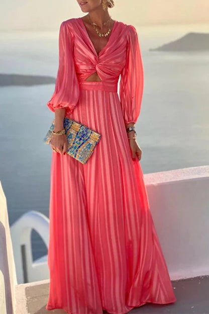 Twist-Knot Deep V-Neck Cutout Lantern Sleeve Striped Maxi Dress