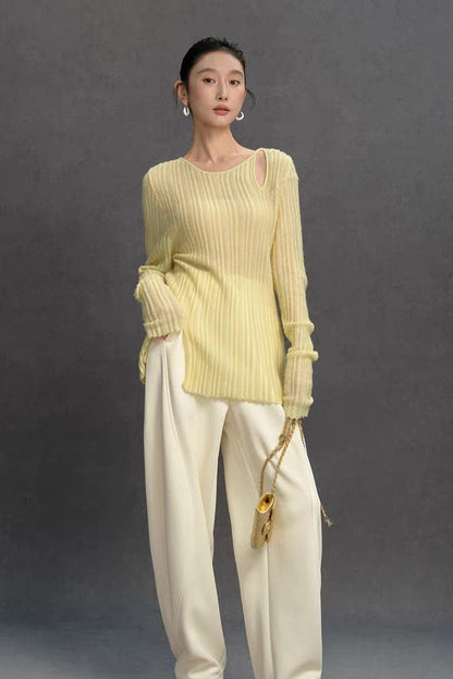 Yaohua Xiyan French Elegant Wool Openwork Ribbed Knit Top