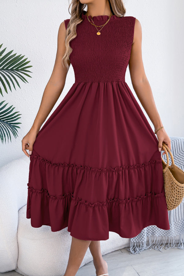 Solid Color Sleeveless Tucked Patchwork Casual Midi Dress