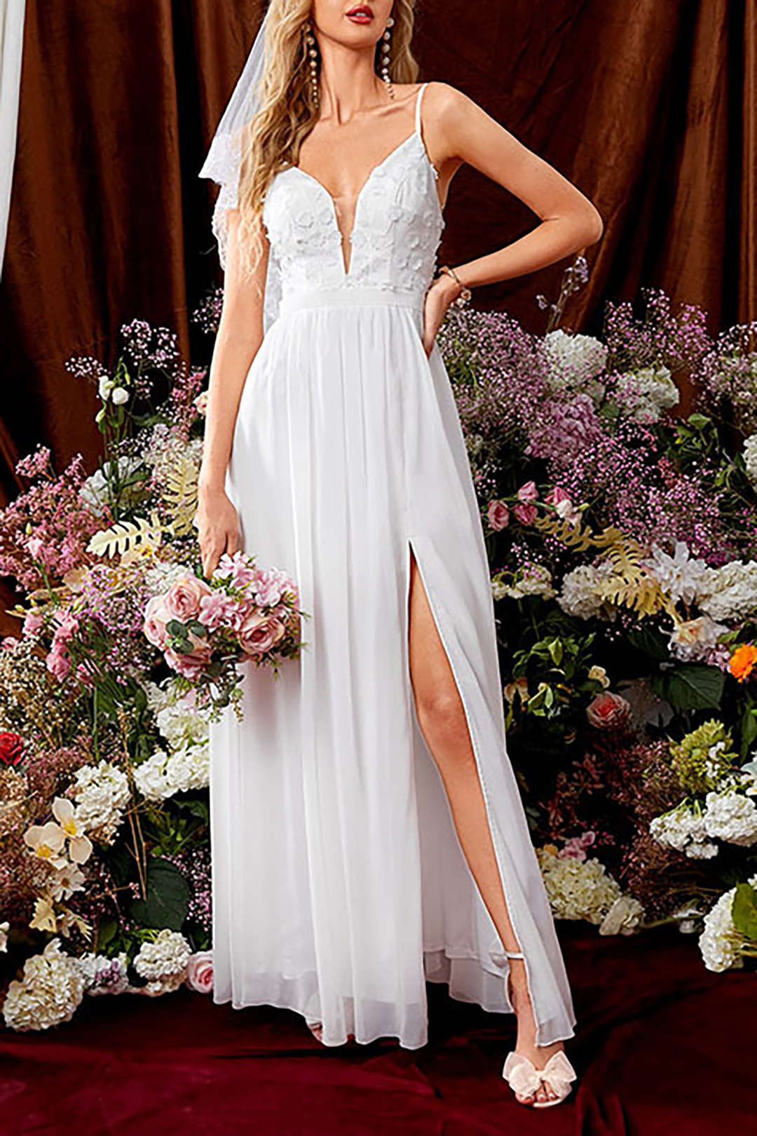 Spaghetti Strap Deep V Lace Floral Applique Chiffon Side Slit Maxi Gown