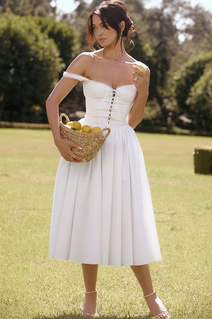 Sweetheart Lace Up Corset Bodice Off Shoulder Strap Tiered Midi Dress