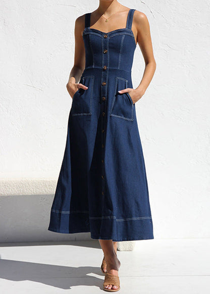 Denim Sweetheart Neck Button Front Patch Pocket A-Line Midi Dress