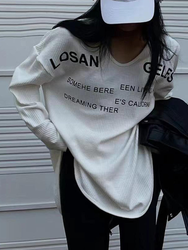 Letter Print U Neck Irregular Slit Long Sleeve Knit