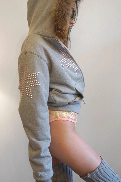 Glam Rhinestone Faux Fur Collar Zip Waist Cinch Hoodie