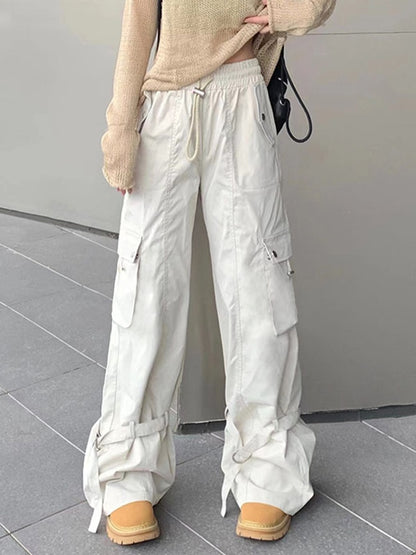 Vintage Big Pocket Drawstring Buckle Design Cargo Pants