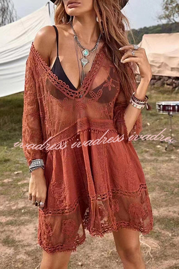 Lace V Neck Hollow Short Sleeved Cover Up