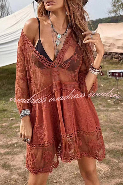 Lace V Neck Hollow Short Sleeved Cover Up