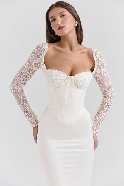 Long Sleeve Lace Satin Maxi Dress