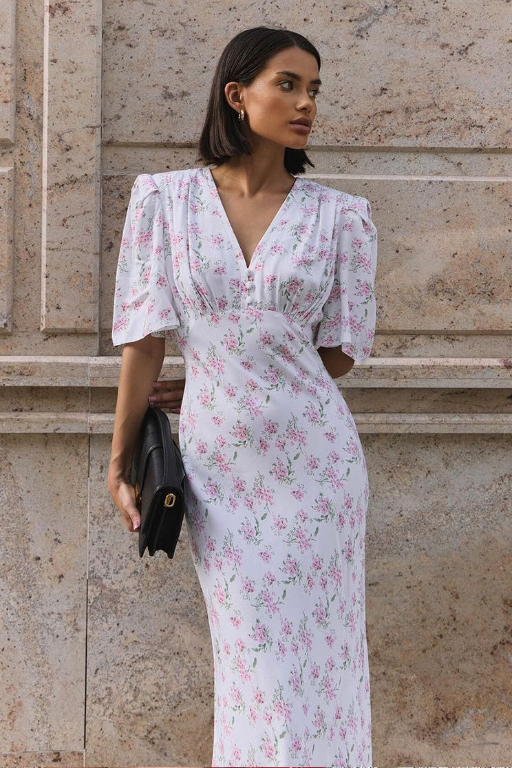 Ditsy Floral Deep V Button Placket Butterfly Sleeve Empire Waist Maxi Dress