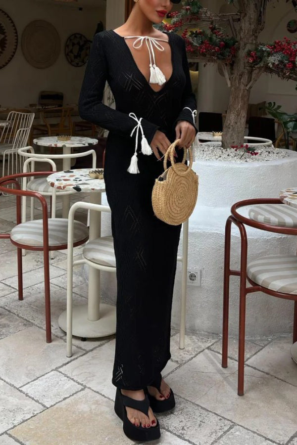 Solid Color Long-sleeved Tie Slim-fit Knit Openwork Cover-up Maxi Dress
