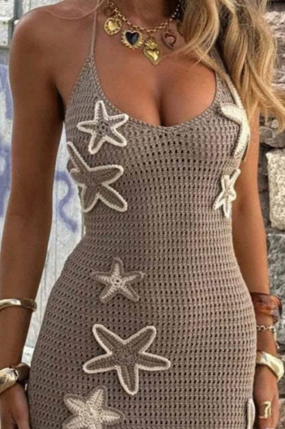 Halter Crochet Starfish Applique Backless Bodycon Maxi Dress