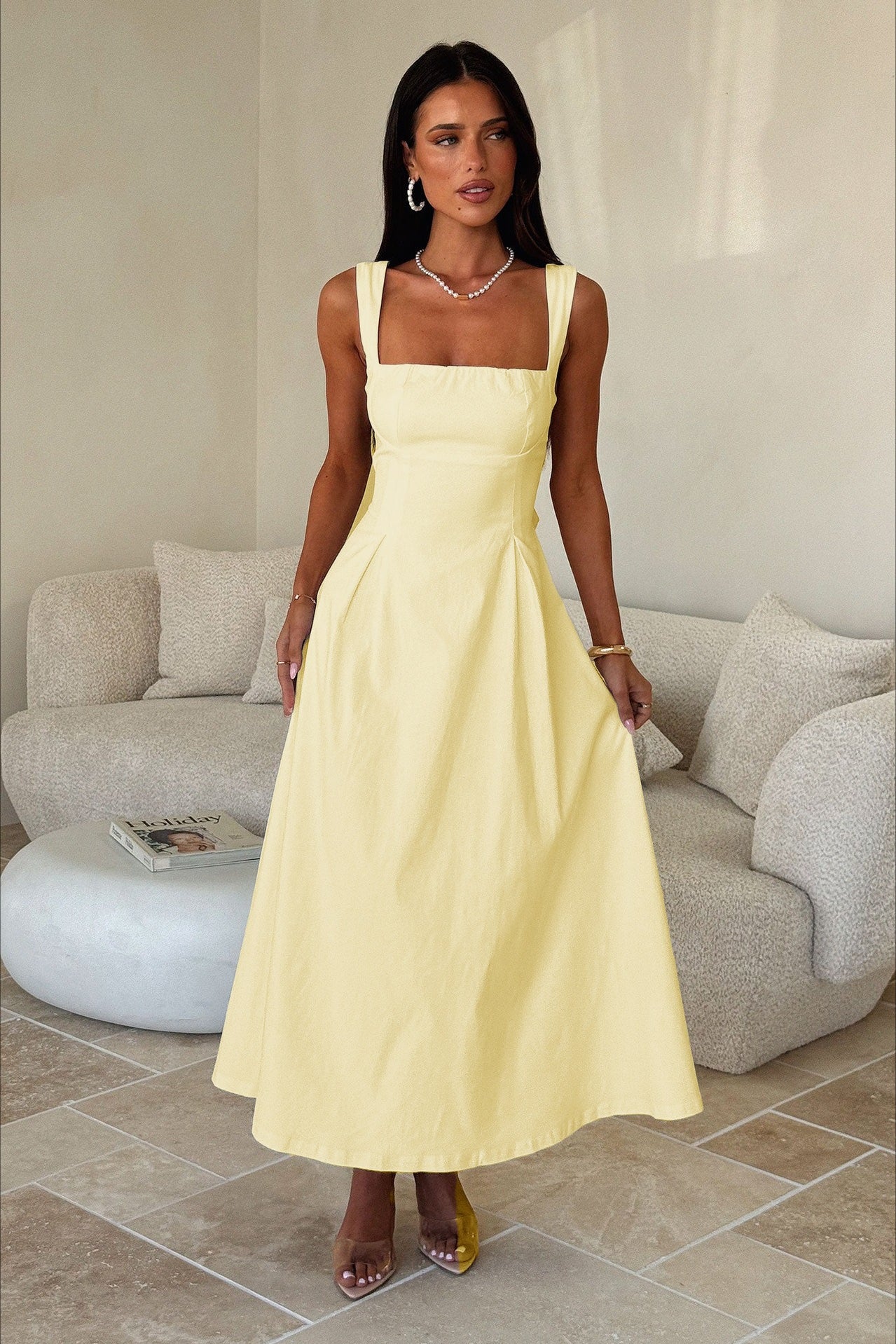 Square Neck Wide Strap Princess Seam Corset Bodice Flared Midi Dress