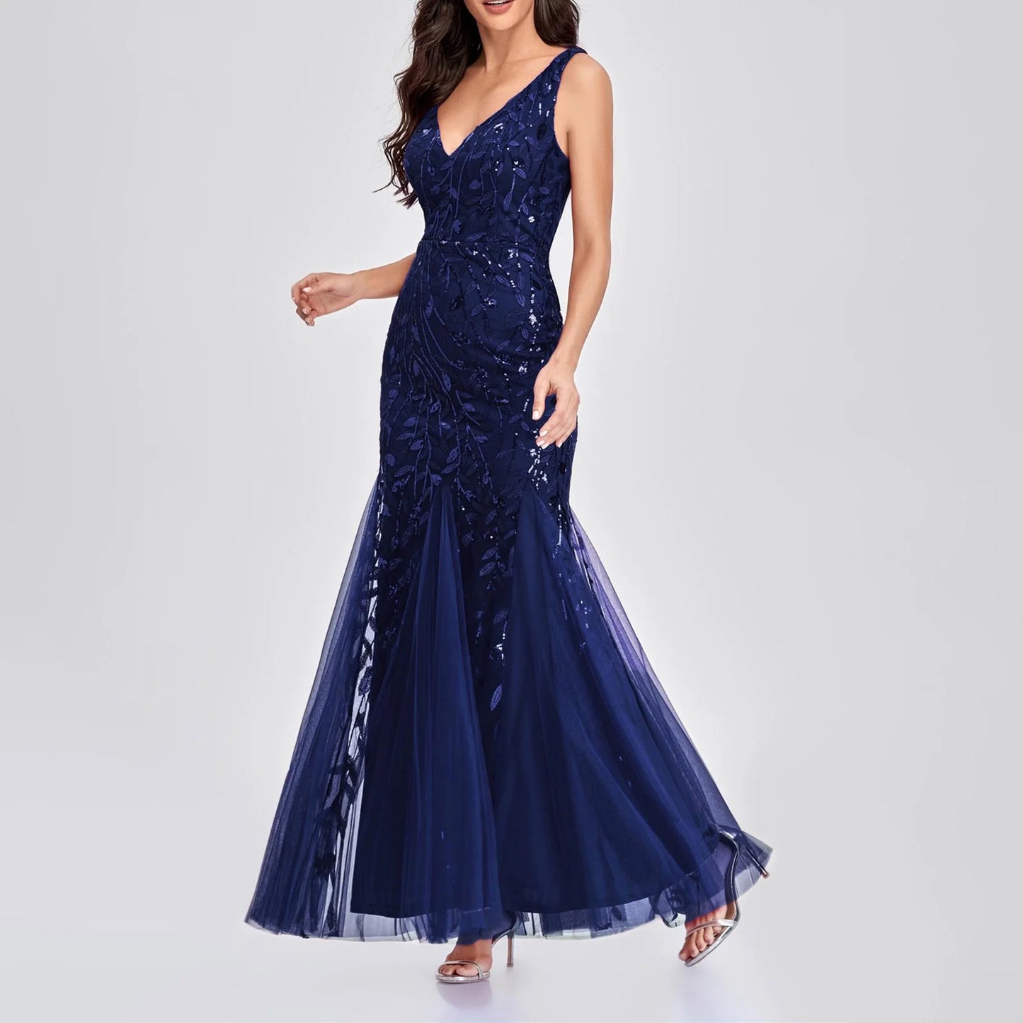 Long Ball Gowns for Women Sparkly Formal Chiffon Sequin Dress V Neck Prom Maxi Dress Bodycon Mermaid Evening Gowns