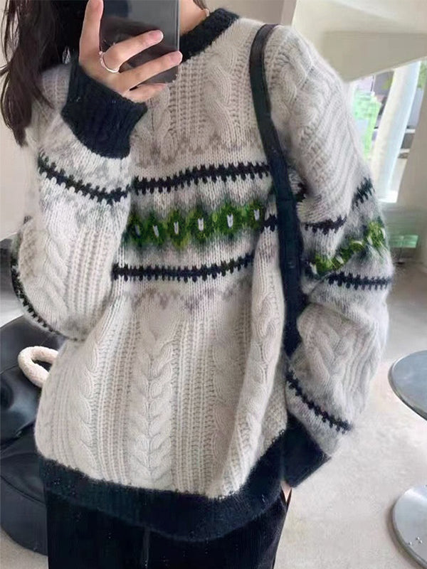 Vintage Jacquard Cable Knit Pullover Sweater