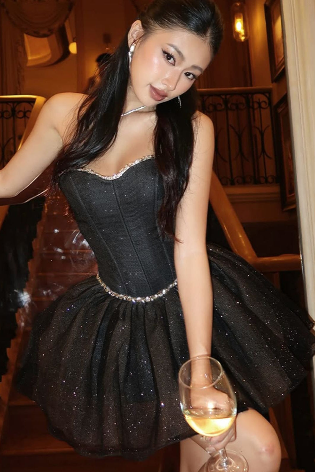 Strapless Sweetheart Rhinestone Trim Cupcake Skirt Mini Dress