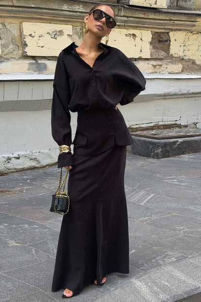 | Solid Long Sleeve Shirtdress Two Piece Set