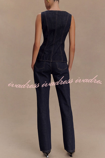 Stassi Denim Square Neck Unique Button Up Princess Seams Vest Top