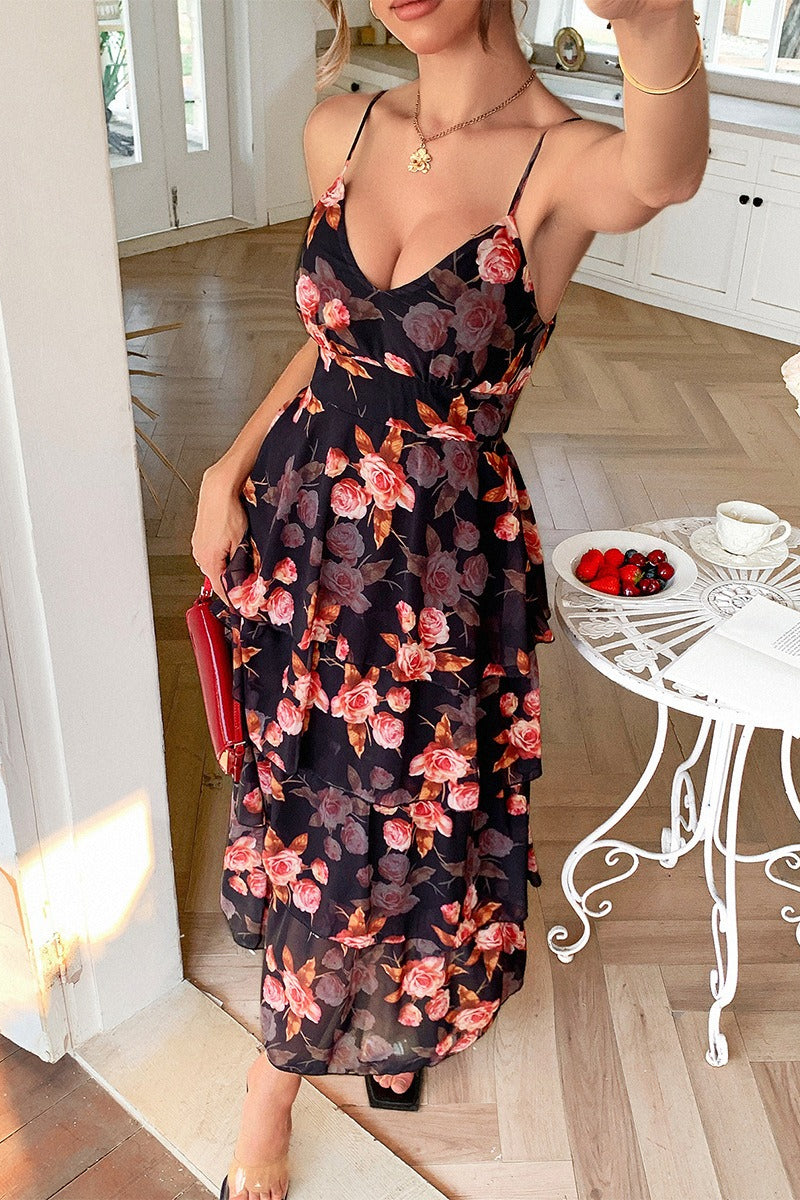 Deep V Neck Spaghetti Strap Floral Tiered Ruffle Maxi Dress