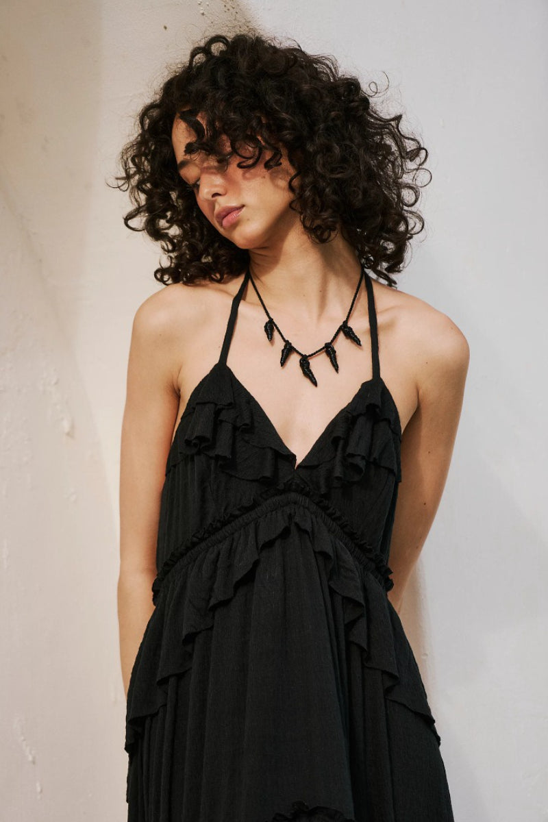 Backless Halter Tie Crop Top Tiered Ruffle Maxi Skirt Set