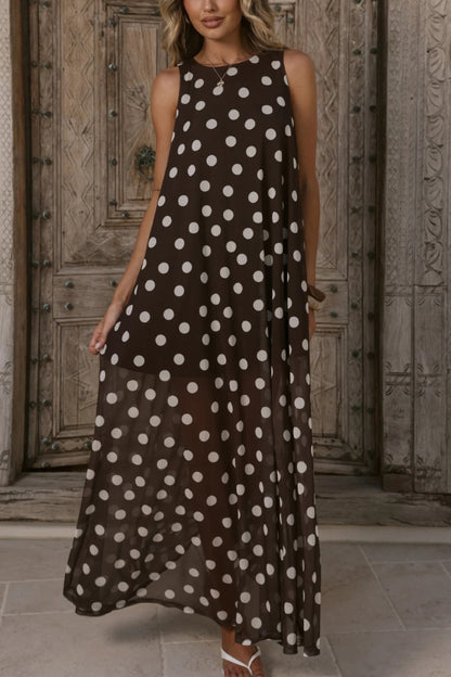 Polka Dot Print Loose Round Neck Sleeveless Mesh Casual Maxi Dress