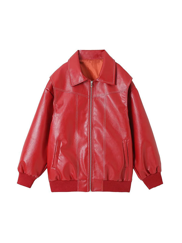 Loose long sleeve vintage leather jacket