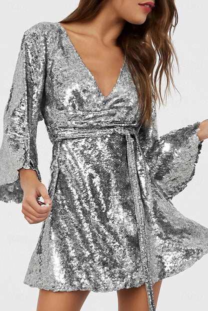 Solid Color Loose Sequined V-neck Tie Mini Dress