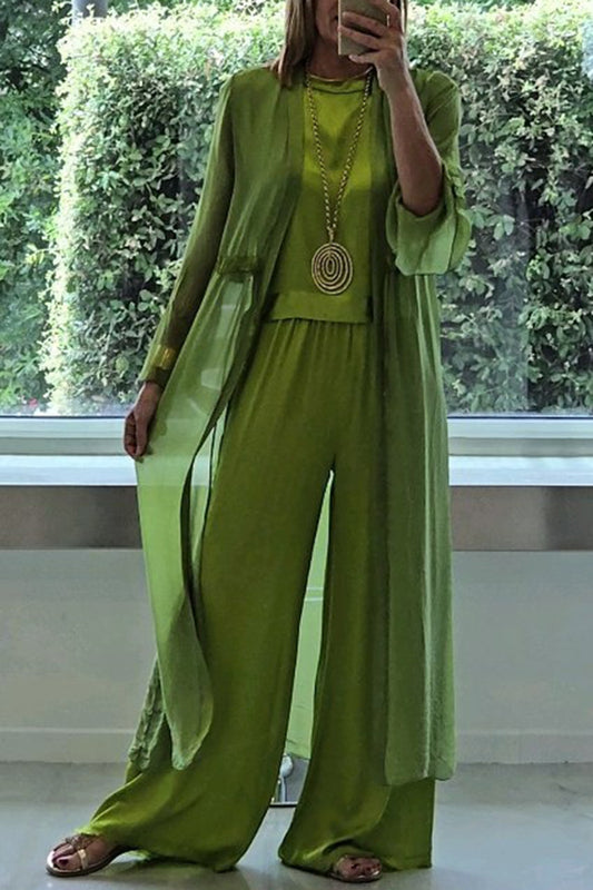Solid Color Long Cardigan + Round Neck Casual Top and Elastic Waist Wide Leg Pants Three-piece Set