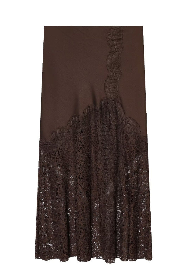 Solid Color Silk Satin and Lace Spliced elegant Maxi Skirt