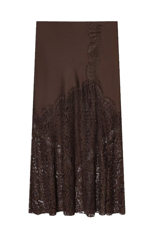 Solid Color Silk Satin and Lace Spliced elegant Maxi Skirt
