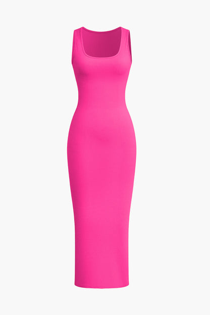Ribbed Knit Scoop Neck Sleeveless Bodycon Midi Dress