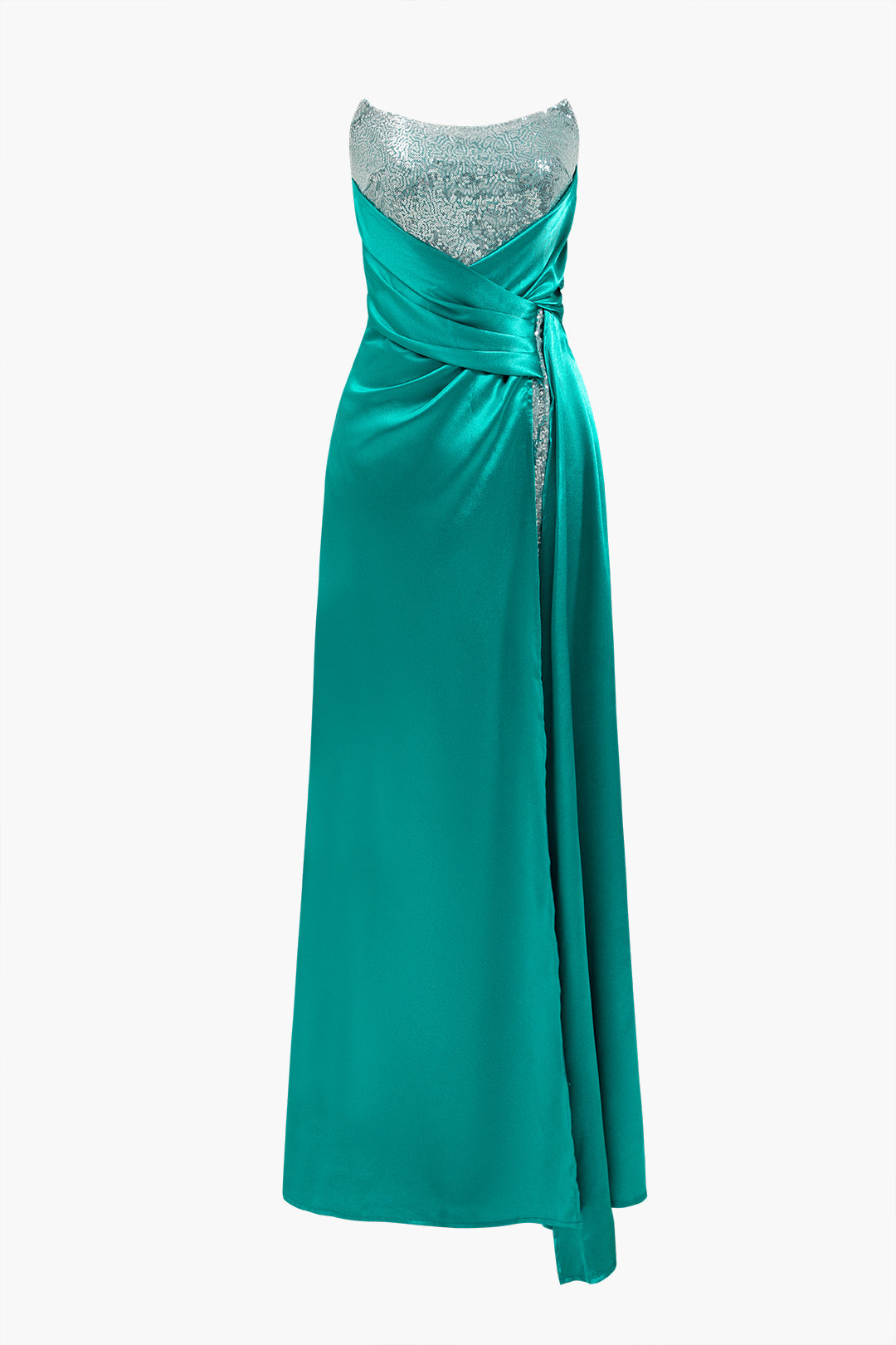 Strapless Sequin Bodice Ruched Satin Knot Hip High Slit Maxi Gown