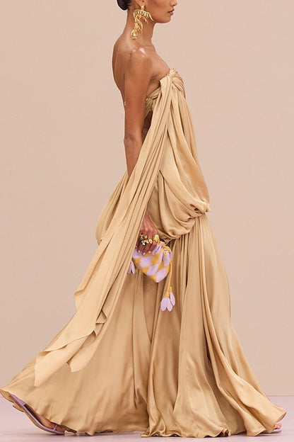 Flowing Fantasy Satin Pleated Bubble Design Strapless Drape Maxi Dress