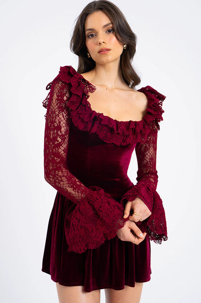 Velvet Lace Scoop Neck Ruffle Shoulder Bell Sleeve Mini Dress