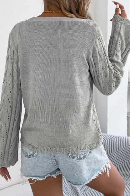 Solid Color Loose V-neck Long-sleeved Vacation Knit Cardigan