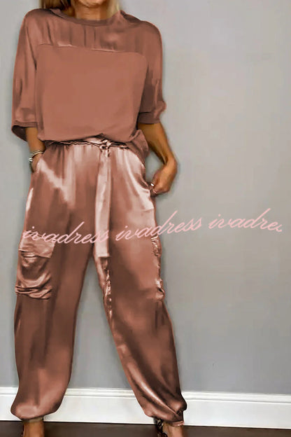 Calissa Smooth Satin Half-sleeved Top and Elastic Waist Pocket Pants Set