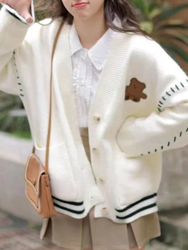 Preppy Bear Embroidery Seam Detail V Neck Knit Cardigan