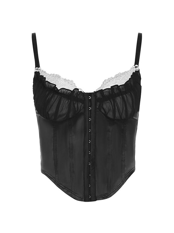 Lace Mesh Splice Breasted Irregular Hem Corset Top
