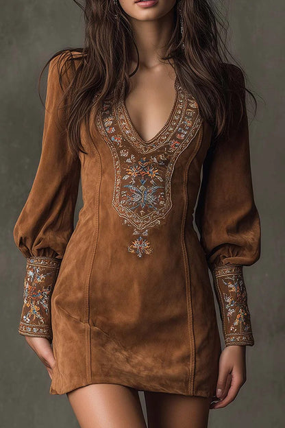 Fashionable Suede Embroidered V-neck Long-sleeved Slim-fit Mini Dress
