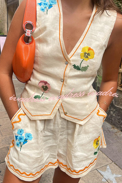 Summer Flower Printed Linen Blend Button Vest and Elastic Waist Pocketed Shorts Set