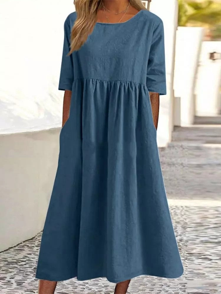 Linen Look Crew Neck Three Quarter Sleeve Pocket Empire Waist Midi Dress