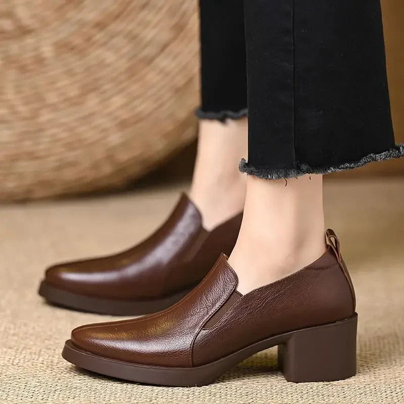 Women's Pointed Toe Leather Loafers With Chunky Heels – Casual Shoes