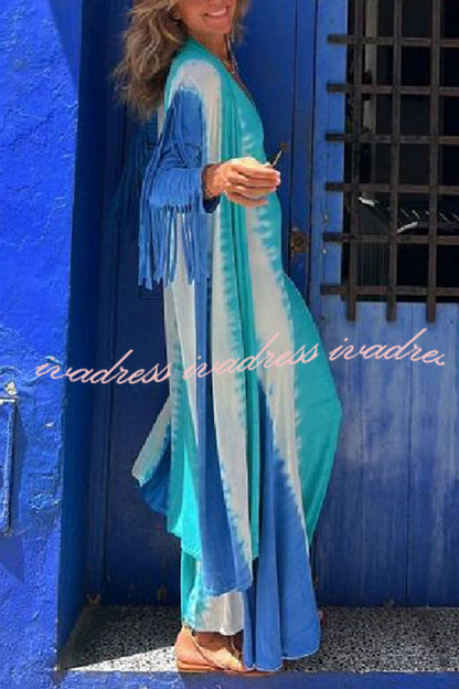 Song of The Vagabond Tie-dye Print Open Front Tassel Duster Cover-up