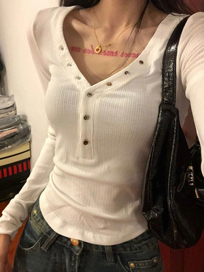 Solid V Neck Snap Button Slim Long Sleeve Knit